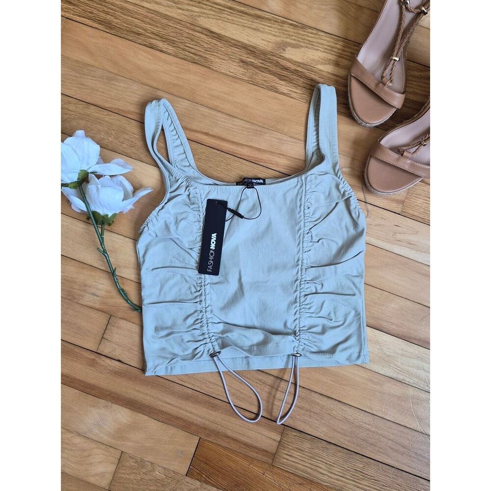 NWT Fashion Nova Sage Drawstring Ruched Square Crop Top
